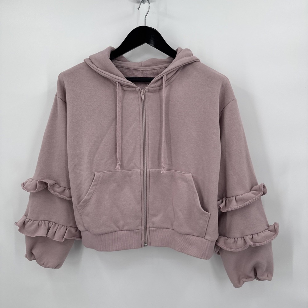 Pazzo & Pantone Women's Size S Pink Ruffle Full Zip Terry Cloth Sweat Jacket